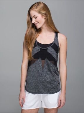 lululemon athletica If You’re Lucky Grey and Black Mesh Panel Tank